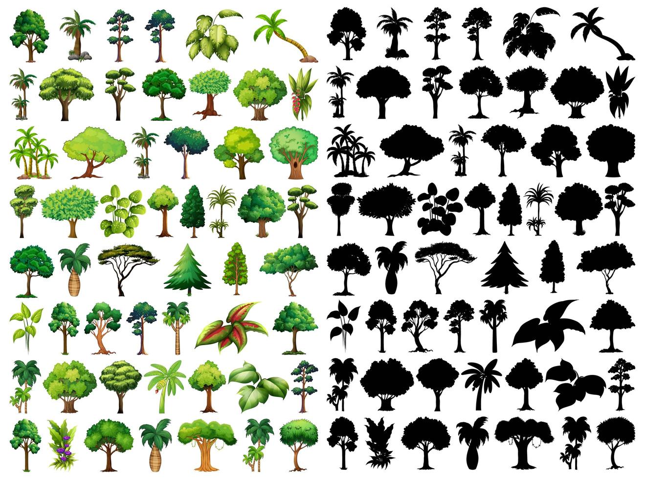 uppsättning växt och träd med dess silhuett vektor