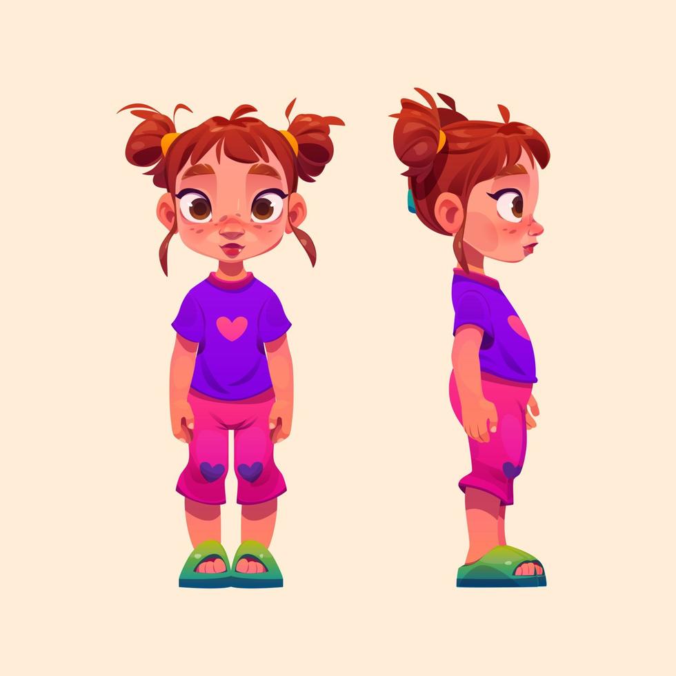 tecknad serie liten flicka, främre och profil sida se vektor