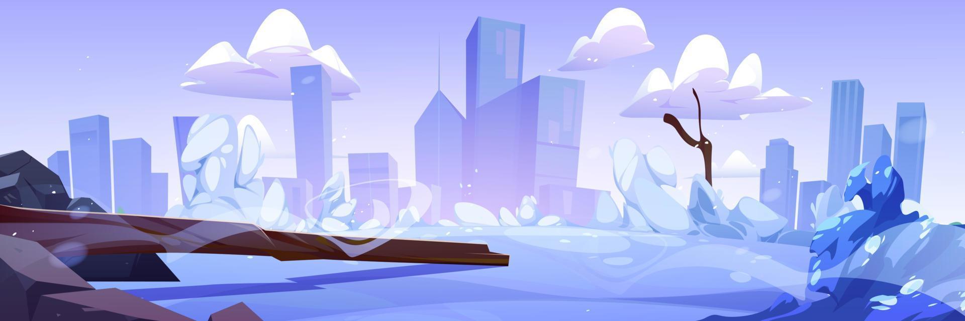 karikaturwinterlandschaft mit schneebedecktem stadtbild vektor