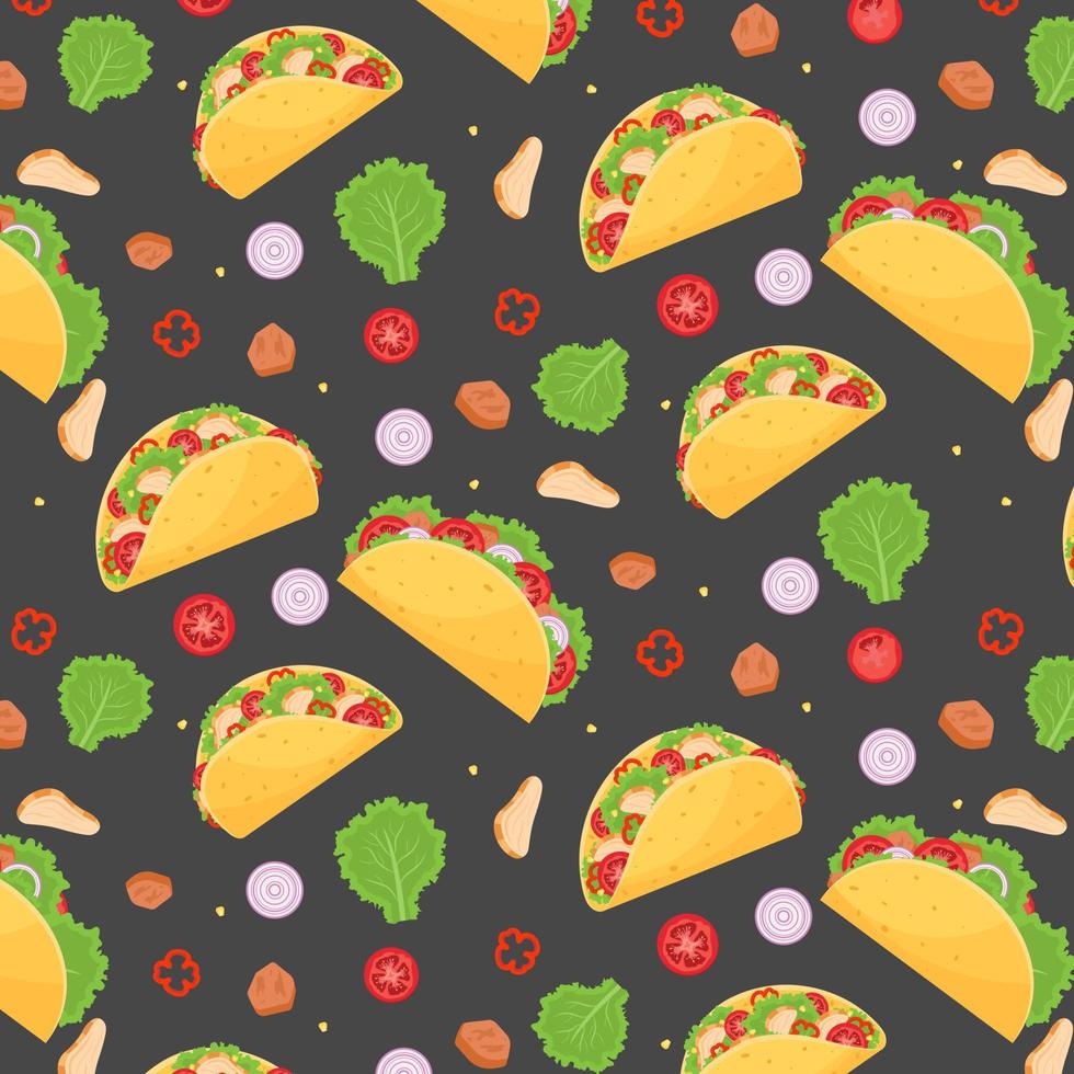 tacos med kött och grönsaker mönster. traditionell mexikansk snabb mat. vektor illustration.