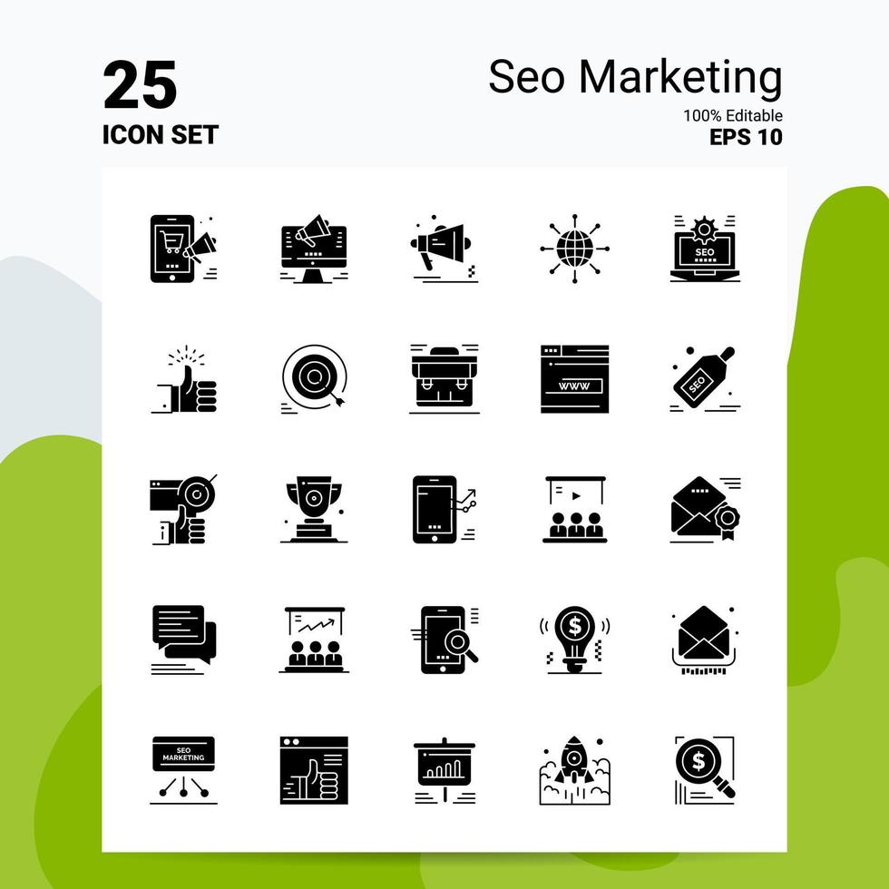 25 SEO-Marketing-Icon-Set 100 bearbeitbare eps 10-Dateien Business-Logo-Konzept-Ideen solides Glyph-Icon-Design vektor