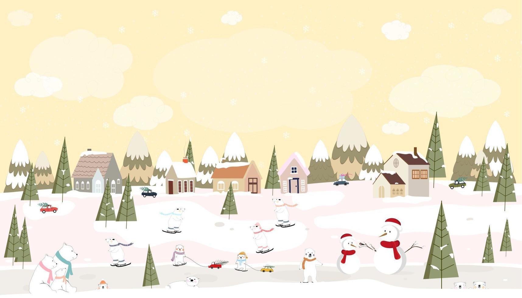 jul hälsning kort av vinter- sagoland landskap i by, vektor illustration bakgrund små stad i landsbygden med bruka hus tall träd, snö man och söt porabjörn spelar utanför