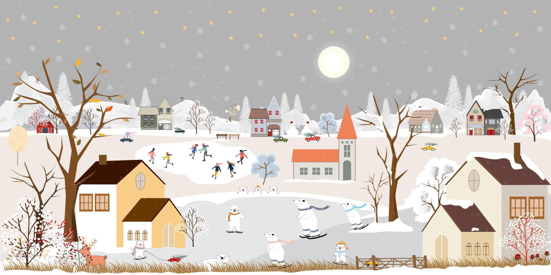 vinter- sagoland landskap bakgrund på natt med polär Björn har roligt i de stad på ny år, jul dag i by med människor firande, barn spelar is skridsko, tonåring skidåkning på berg vektor