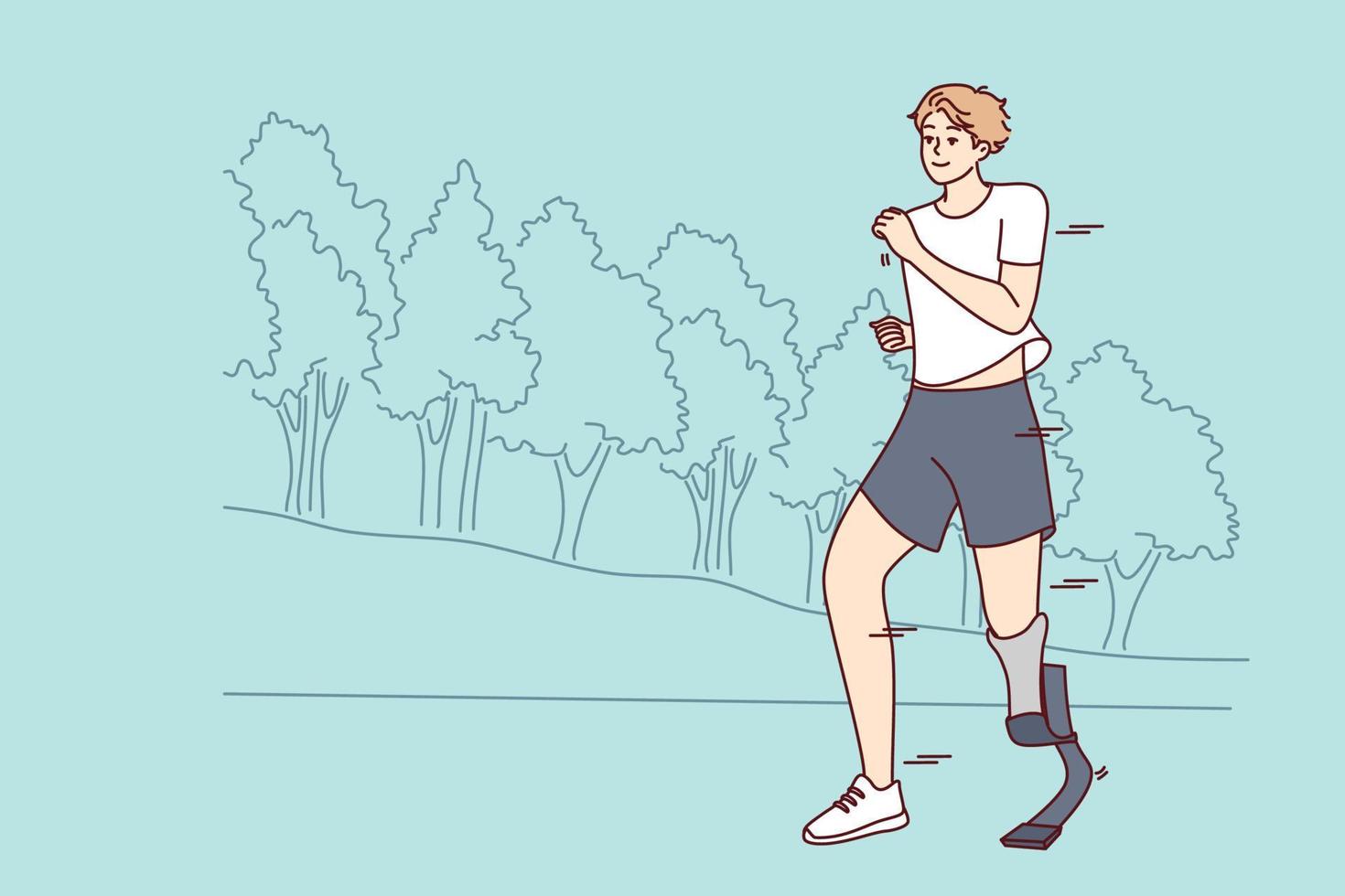 lächelnder junger Mann mit Beinprothese, der im Park läuft. glücklicher behinderter Mann mit Prothesen-Jogging-Training im Freien. Behinderung und normales Leben. Vektor-Illustration. vektor