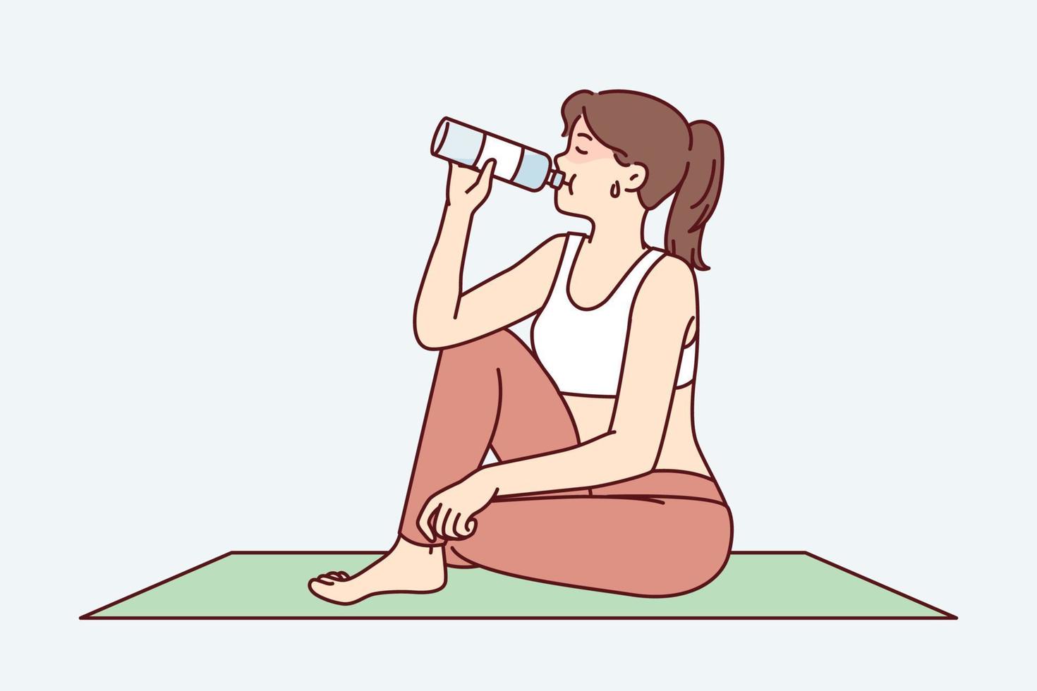 trött kvinna Sammanträde på yoga matta och dricka vatten i tid för ha sönder mellan övningar eller få redo för meditation. flicka idrottare är vilar på matta för kondition och sporter. platt vektor design