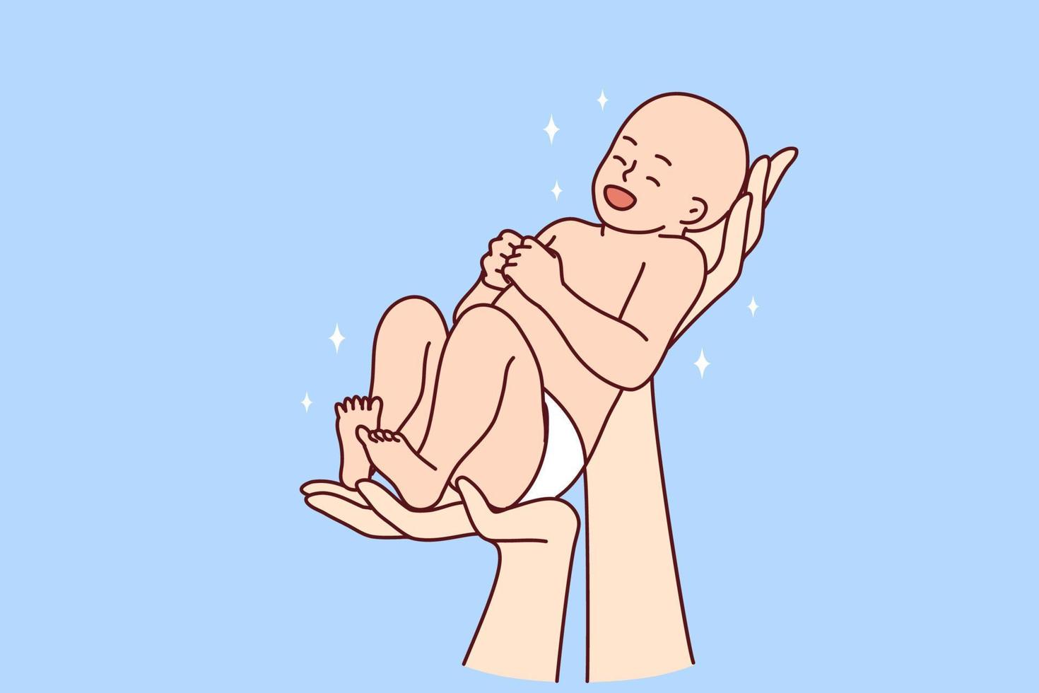 närbild av händer innehav leende söt nyfödd bebis. förälder med barn spädbarn upphetsad handla om föräldraskap. förlossning begrepp. vektor illustration.
