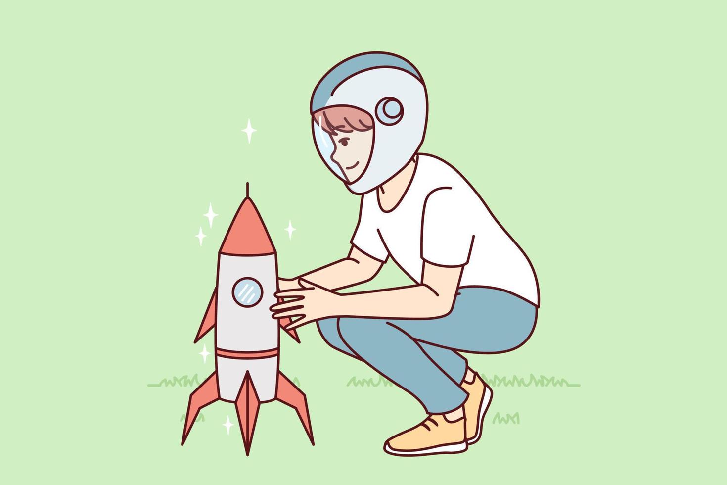 liten pojke hukande nära leksak raket representerar sjösättning rymdskepp till annan planet. barn spelar som astronaut, önskar till arbete i Plats industri och lansera intergalaktisk fartyg. platt vektor design
