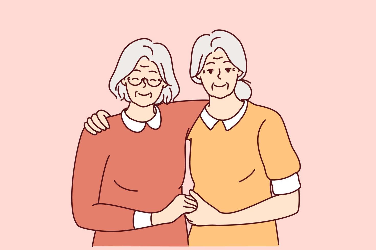 porträtt av leende äldre kvinna vänner kramas som visar lång varaktig vänskap. Lycklig senior farmor omfamning visa enhet och vård. vektor illustration.