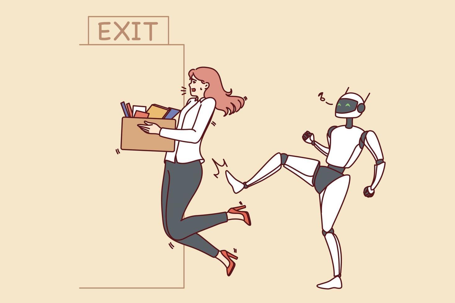 robot sparka kvinna anställd ut av kontor jobb. begrepp av artificiell intelligens och androider på arbetsplats. ny epok av robot assistenter. vektor illustration.