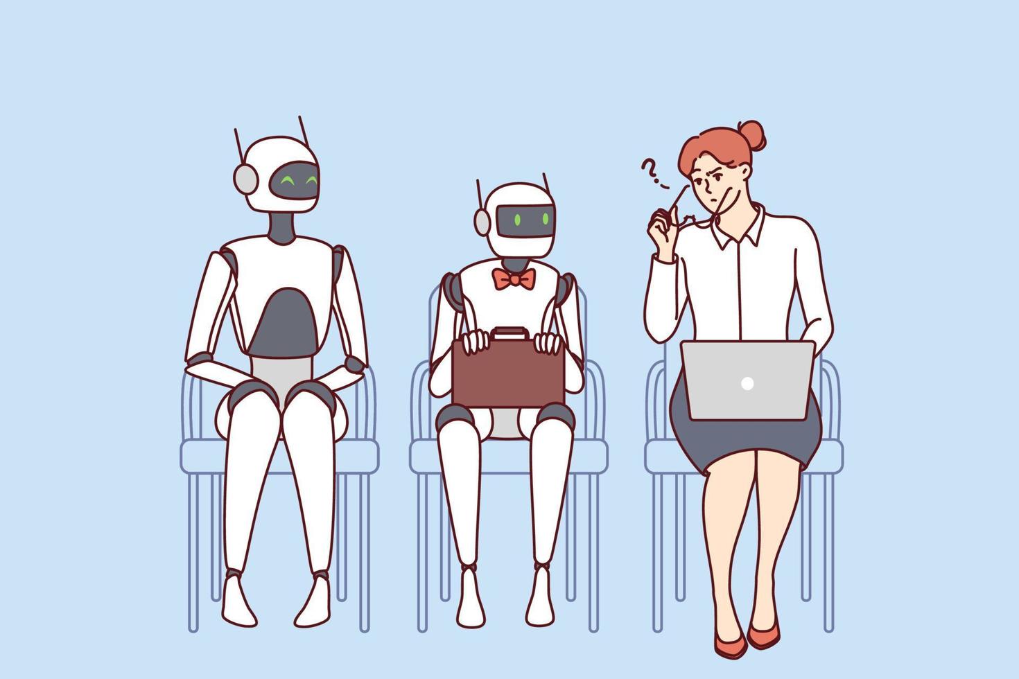 Verwirrte Frau sitzt auf einem Stuhl in einer Reihe mit Robotern, die auf ein Interview warten. frustrierte weibliche angestellte in der nähe von roboterassistenten im büro. ai am Arbeitsplatz. Vektor-Illustration. vektor