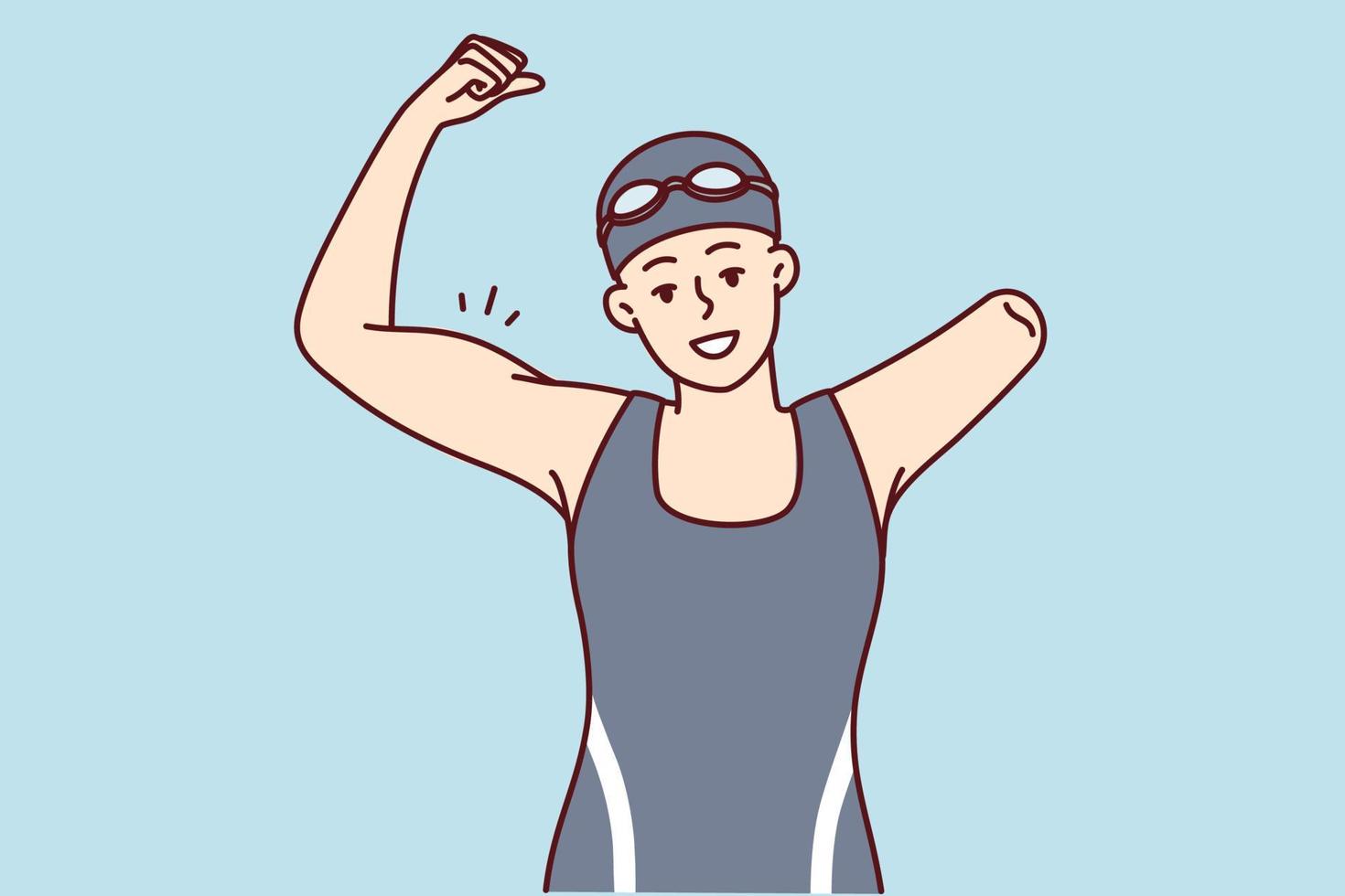 kvinna simmare med ett ärm demonstrerar styrka förbi höjning näve och som visar biceps som tecken av seger i konkurrens. Lycklig Inaktiverad flicka klädd i baddräkt och simning keps. platt vektor bild