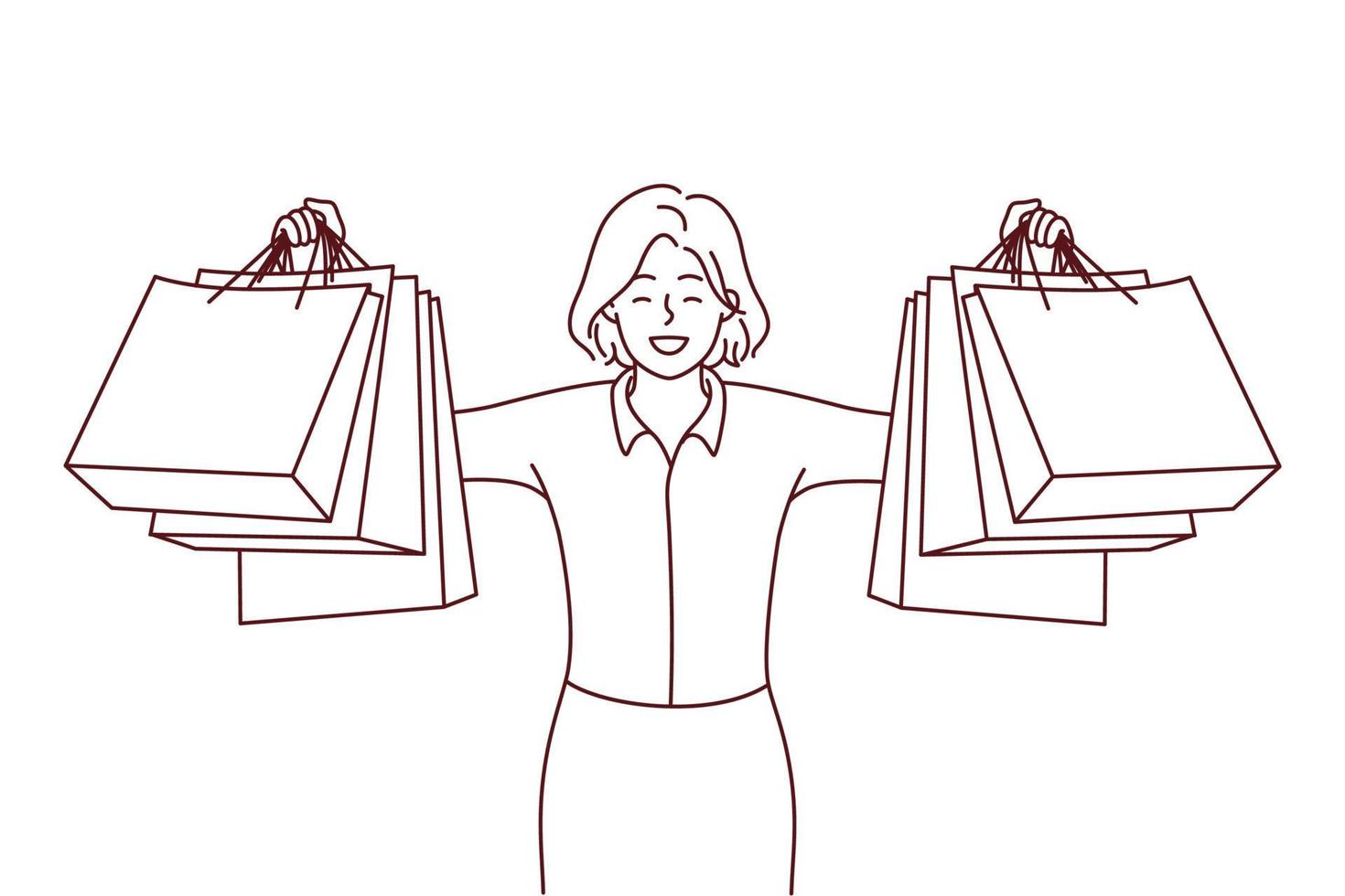 lächelnde Frau zeigt Taschen nach dem Einkauf vektor