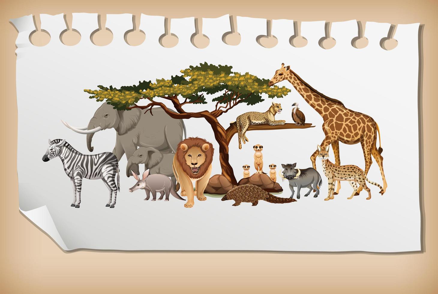 Gruppe von wilden afrikanischen Tieren auf Papier vektor