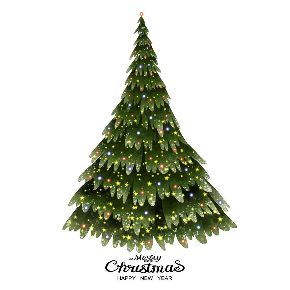 Aquarell-Weihnachtsbaum mit goldenem Stern und Glühbirne. Vektorillustration Frohe Weihnachten und neues Jahr mit Weihnachtsbaumschmuck für Einladung oder Grußkarte. vektor