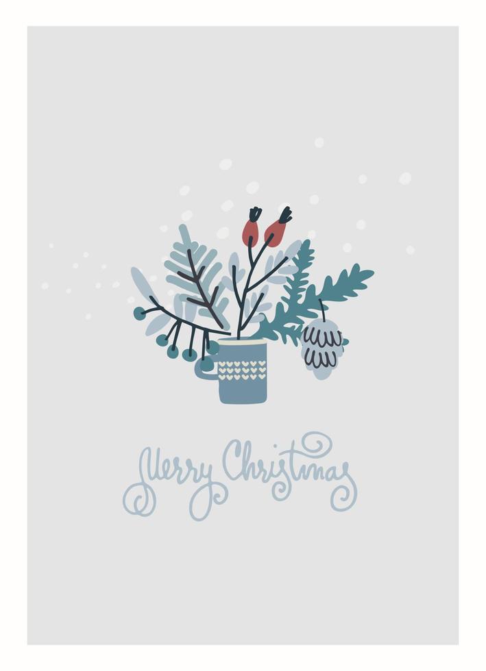 glad jul hälsning kort mall. minimalistisk design med gren arrangemang. kvistar med löv och bär i en kopp, snöflingor, hand text på blå bakgrund vektor