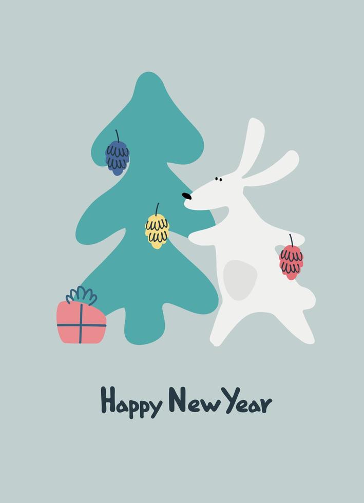 Lycklig ny år hälsning kort med vatten kanin, zodiaken djur- för 2023 i de natt skog. rolig kinesisk horoskop kanin och hand lettered hälsning fras vektor