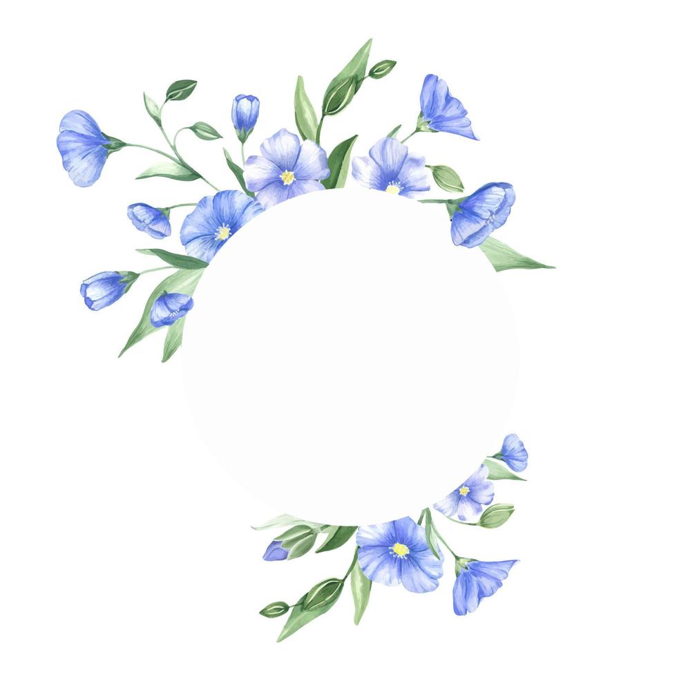 runda krans av vattenfärg lin blommor, stjälkar och knoppar. en ram av blå vild för vykort och inbjudningar, spara de datum kort. vektor illustration