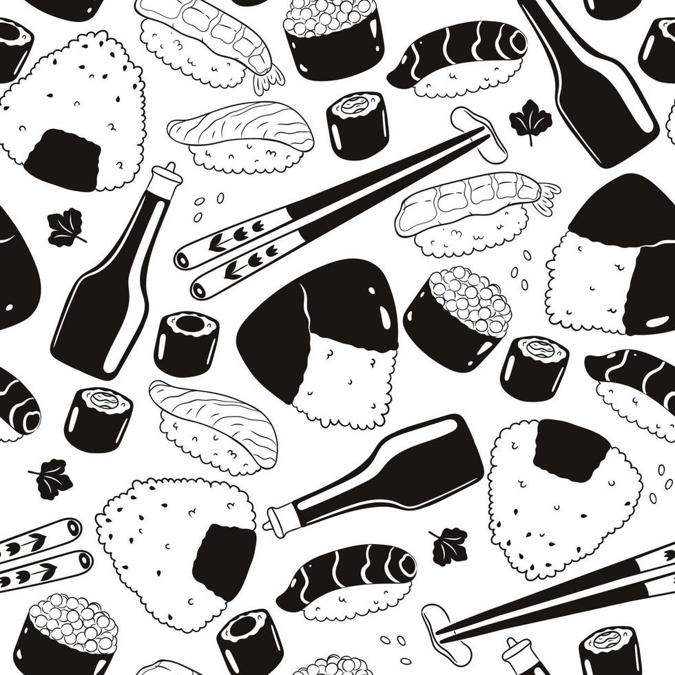 svart och vit sömlös mönster med sushi och onigiri. vektor grafik.