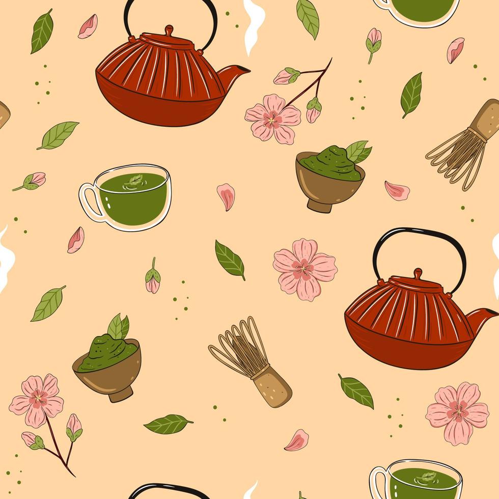 sömlös mönster med matcha te och sakura blommor. vektor grafik.