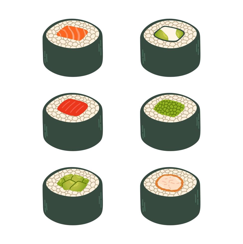 Sushi-Rollen Set Japan asiatische Lebensmittel-Vektor-Logo-Design-Pack isoliert auf weißem Hintergrund vektor