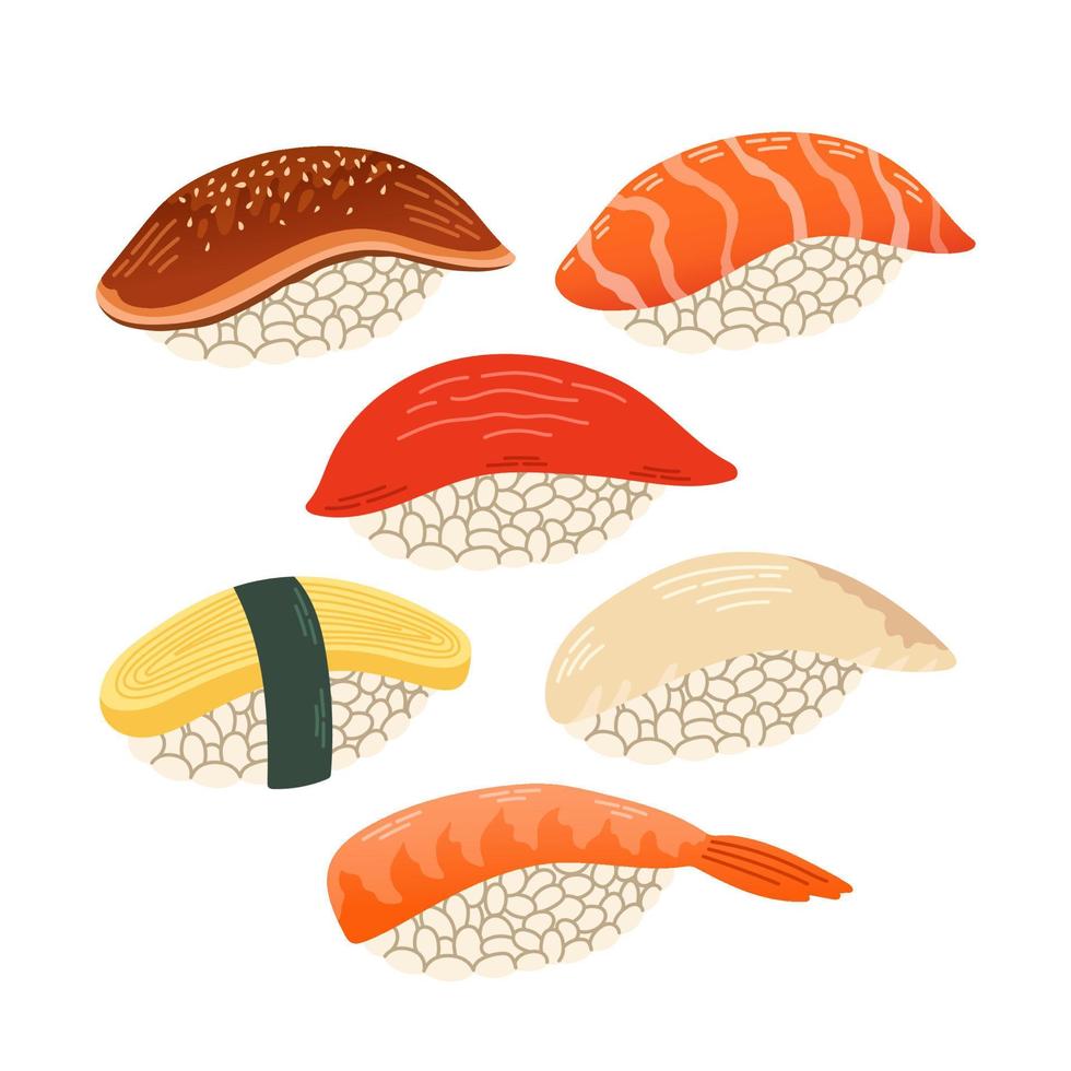 sushi uppsättning japan asiatisk mat vektor logotyp design packa isolerat på vit bakgrund. vektor illustration