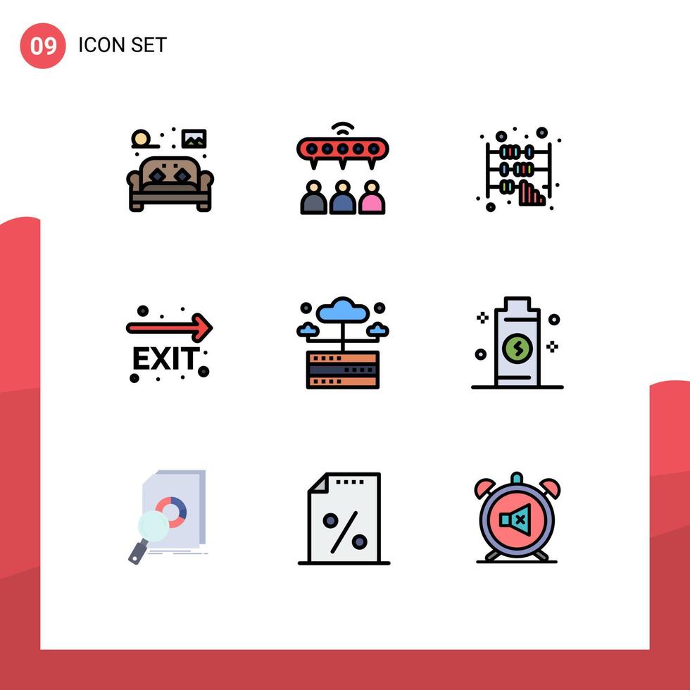 Packung mit 9 modernen Filledline-Flachfarben Zeichen und Symbolen für Web-Printmedien wie Datenbank verlassen Team Notausgang Büro editierbare Vektordesign-Elemente vektor