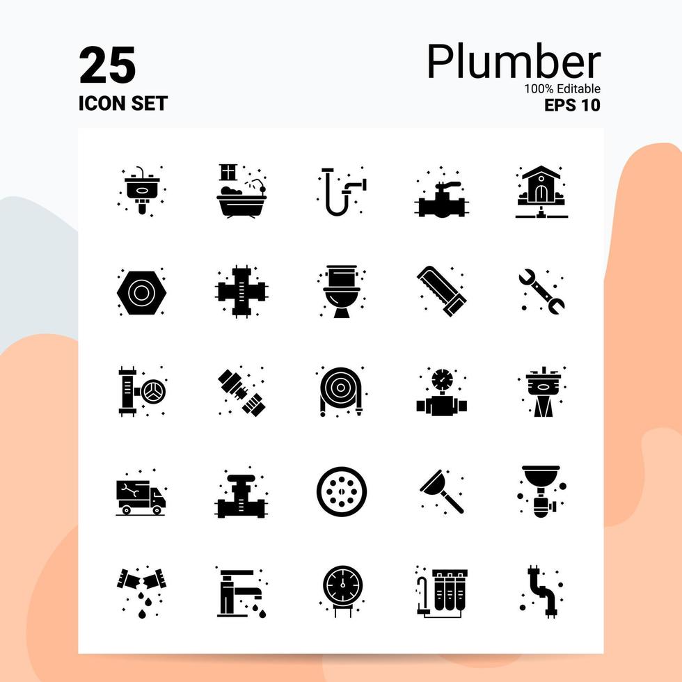 25 Klempner-Icon-Set 100 bearbeitbare Eps 10 Dateien Business-Logo-Konzept-Ideen solides Glyph-Icon-Design vektor