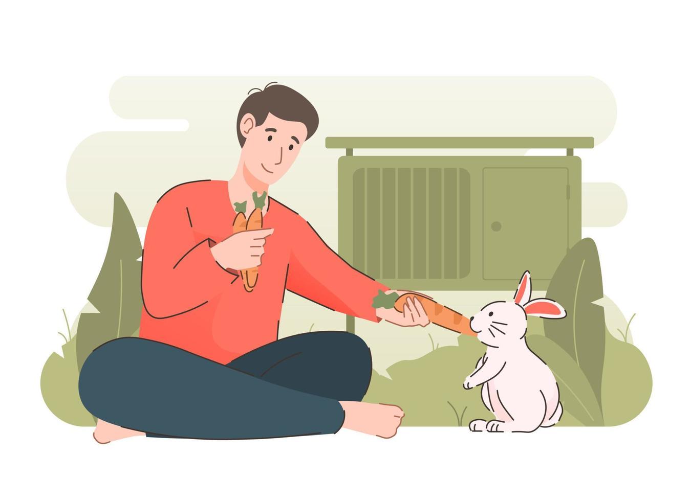 man matning kanin med morot. människor och deras sällskapsdjur begrepp vektor