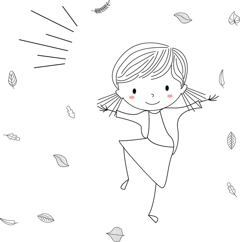 hand dragen tecknad serie Lycklig ungar, stock vektor - fantasi illustration, flicka barn dansa