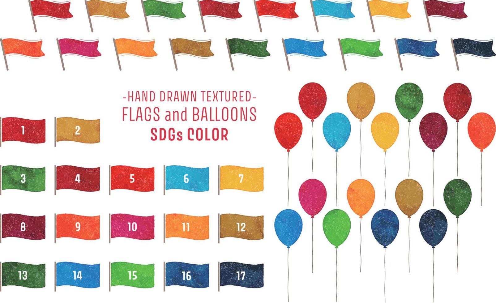 handgezeichnete texturierte flaggen und luftballons - sdgs farbe vektor