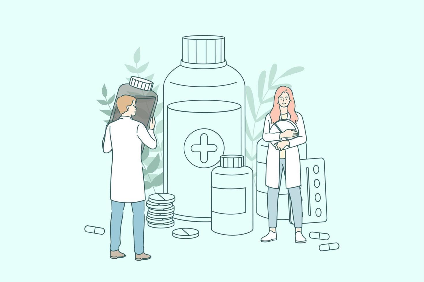 apotek affär begrepp. ung människor doktorer apotekare arbetssätt mellan läkemedel flaskor och burkar och olika läkemedel i apotek Lagra vektor illustration vektor illustration.