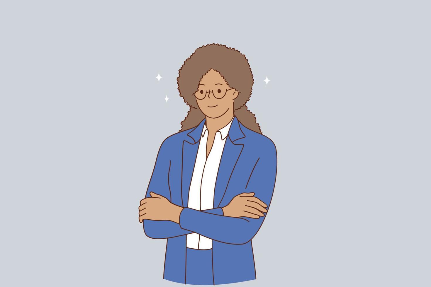 framgångsrik affärskvinna begrepp. porträtt av leende ung afrikansk amerikan företag kvinna arbetstagare i blå kostym och glasögon stående med händer korsade ser på kamera illustration vektor