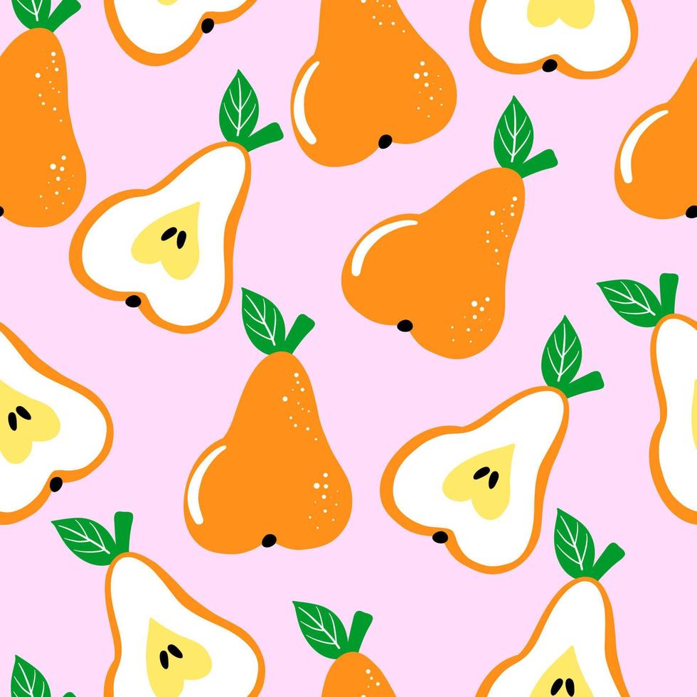 sömlös mönster med päron på rosa bakgrund. ritad för hand orange päron och halv av päron. söt illustration för skriva ut, omslag papper, förpackning, tyg. skön vektor design