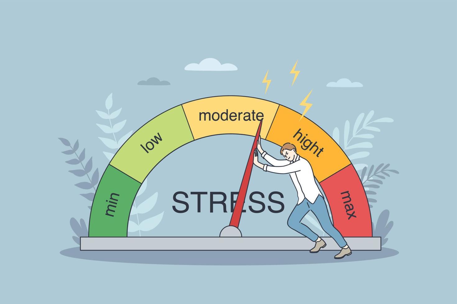 emotionell överbelastning och burnout begrepp. ung affärsman tecknad serie karaktär påfrestande till skjuta på påfrestning nivå till minska siffror och känsla trött och utmattad med arbete vektor illustration