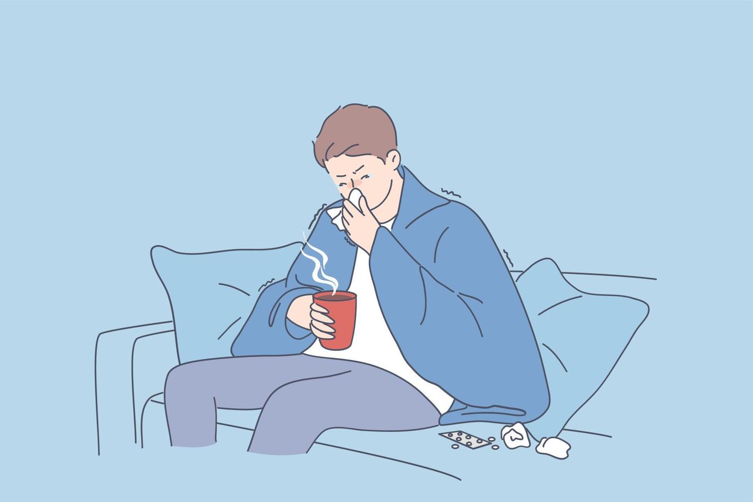 grippe, fieber, infektionskonzept. trauriger mann zeichentrickfigur sitzt auf sofa in warmer decke mit heißem getränk und fühlt sich krank krank und grippeniesen vektorillustration vektor
