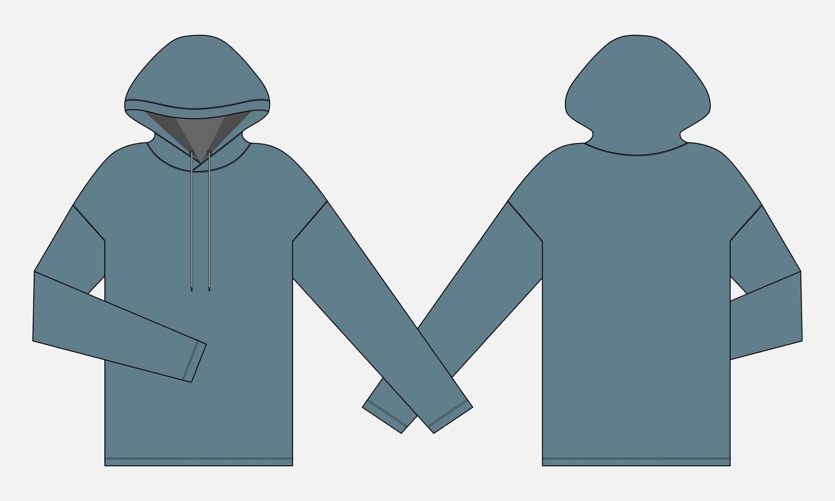 långärmad hoodie tekniskt mode platt skiss vektor illustration mall fram- och baksidan.