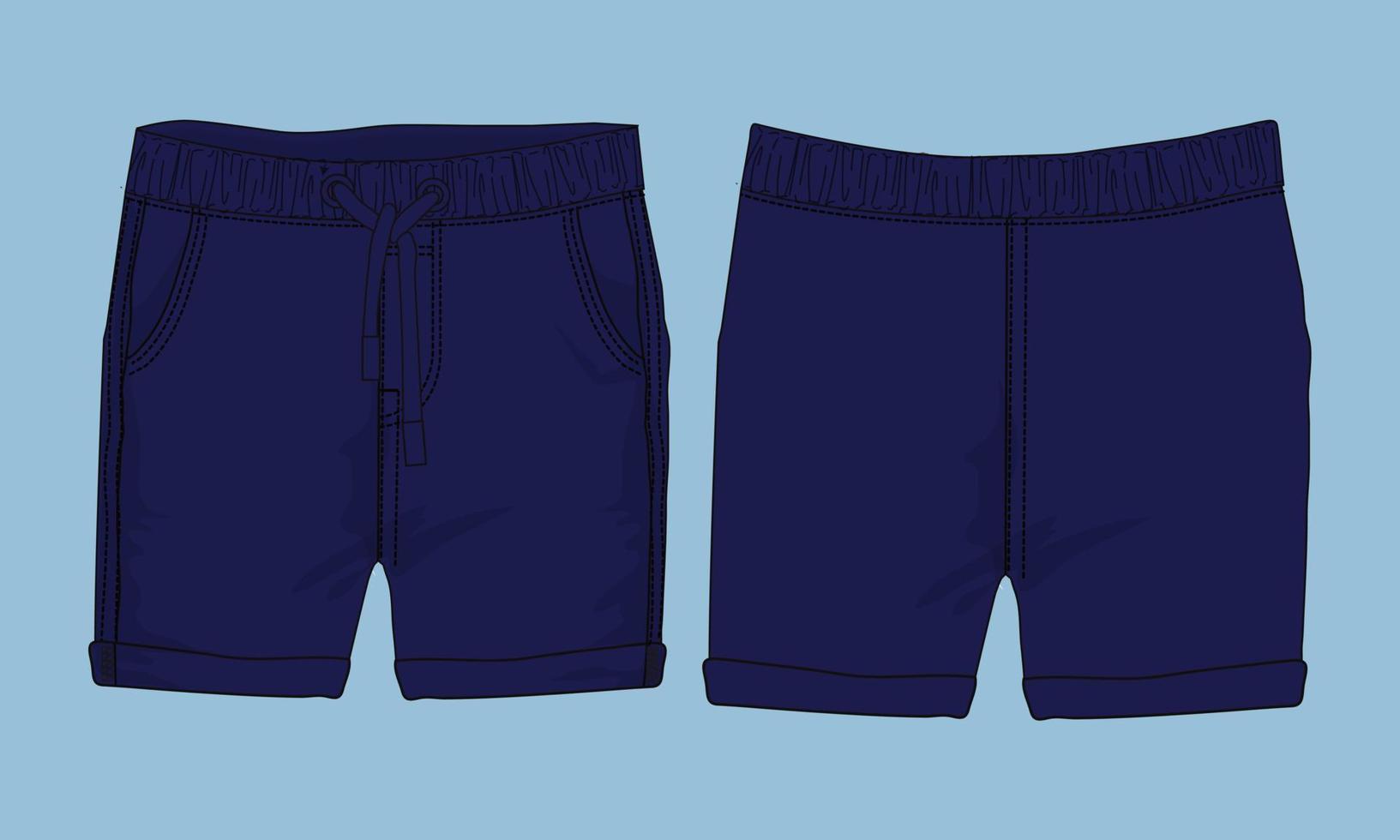 shorts flämta teknisk mode platt skiss vektor illustration mall främre och tillbaka vyer.