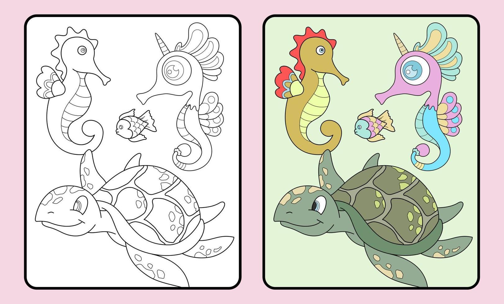 Lernen Sie, Schildkröten und Seepferdchen für Kinder und die Grundschule zu färben. vektor