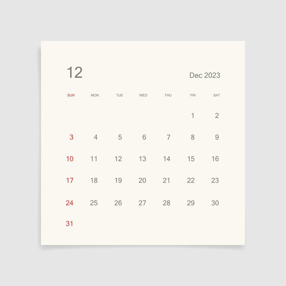 december 2023 kalender sida på vit bakgrund. kalender bakgrund för påminnelse, företag planera, utnämning möte och händelse. vecka börjar från söndag. vektor. vektor