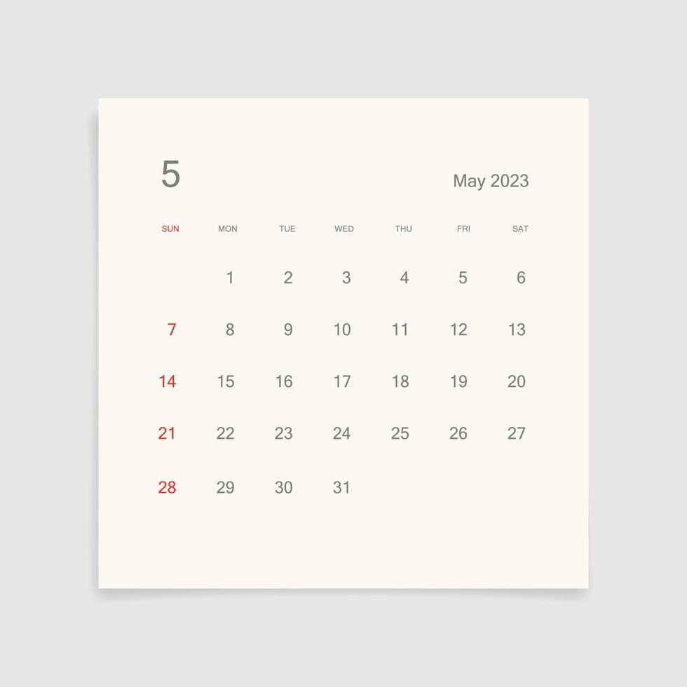 Maj 2023 kalender sida på vit bakgrund. kalender bakgrund för påminnelse, företag planera, utnämning möte och händelse. vecka börjar från söndag. vektor. vektor
