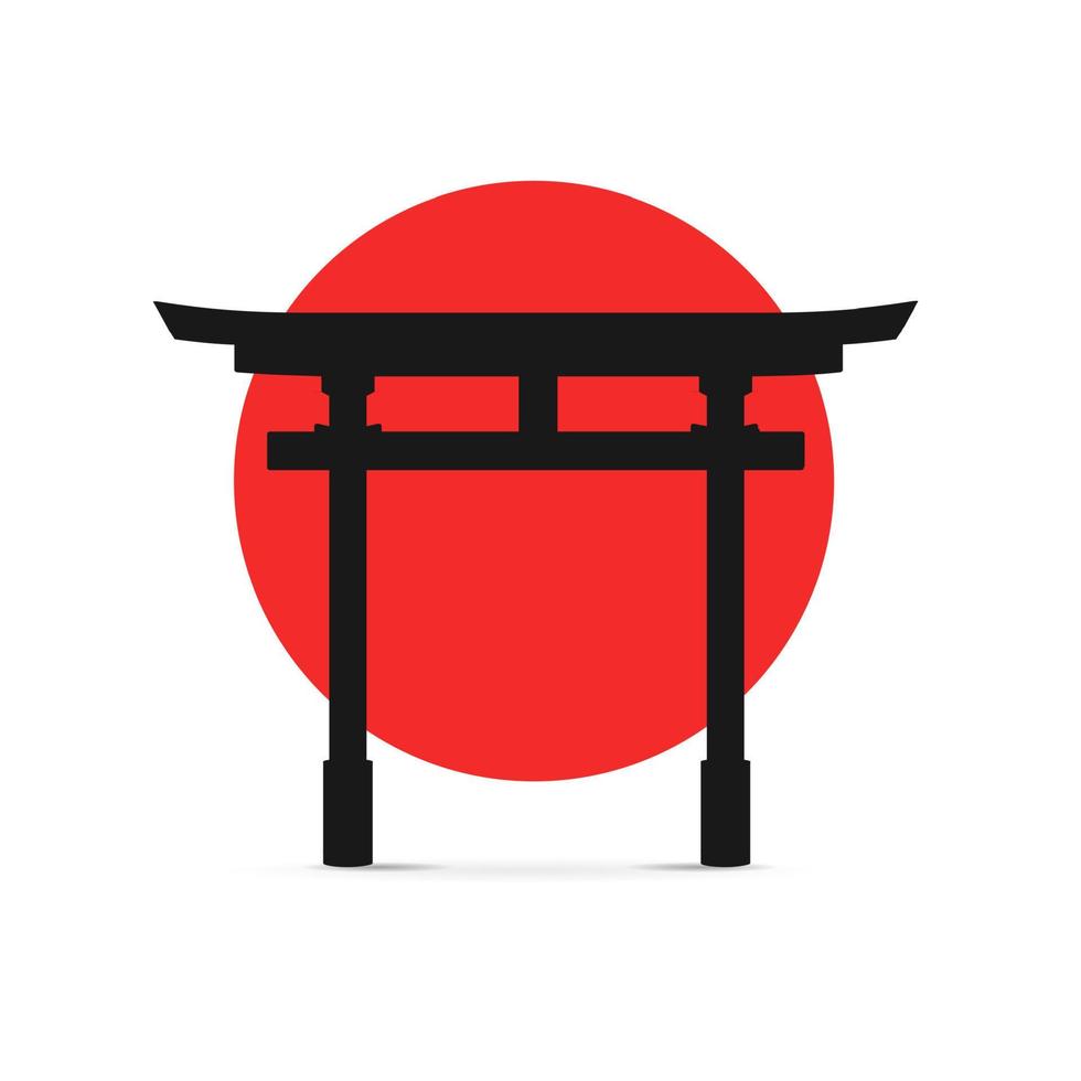 Silhouette schwarzes japanisches traditionelles Torii-Tor auf einer roten Sonne. Vektor