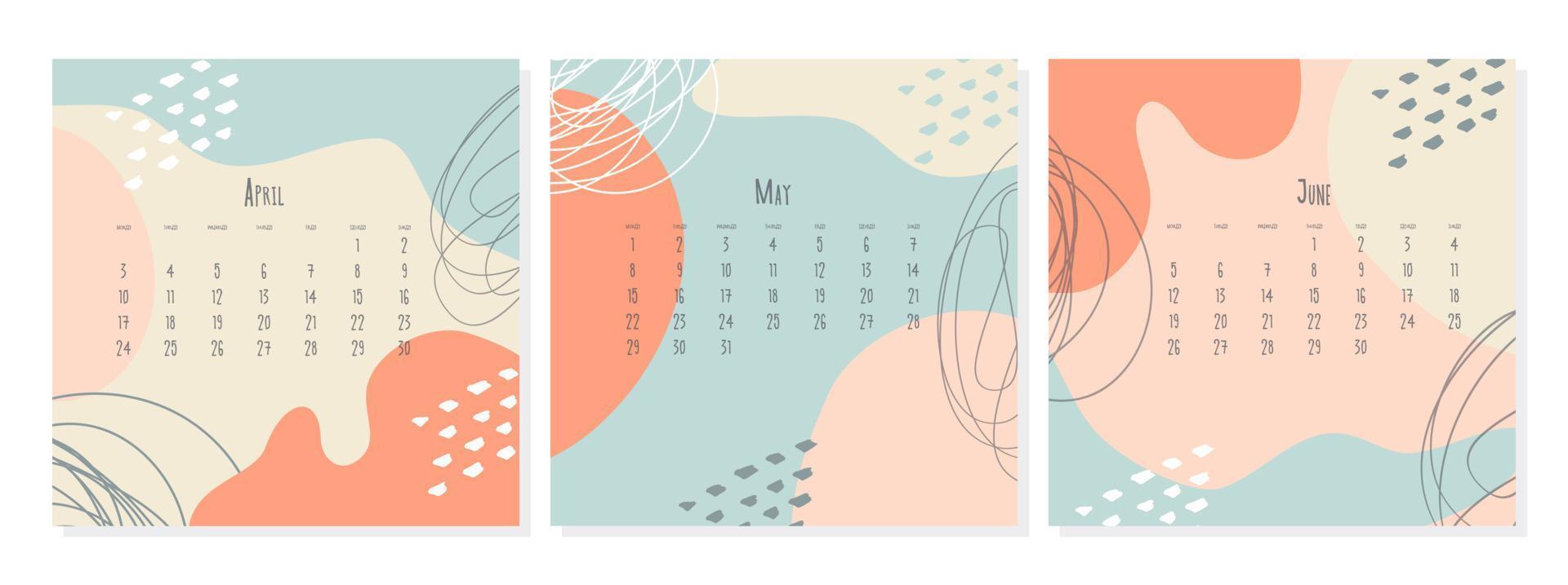 uppsättning av 2023 kalender mall förbi månader april Maj juni , kalender omslag begrepp, boho stil abstrakt illustration. vektor