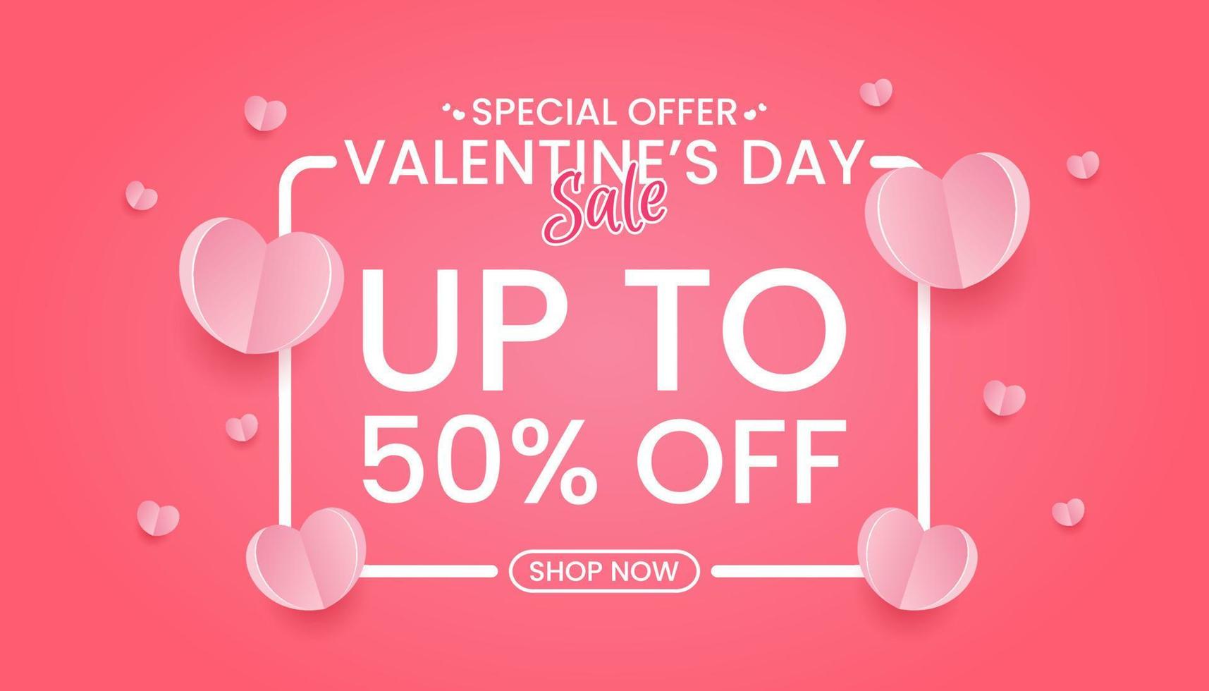 särskild erbjudande valentines dag försäljning upp till 50 av med ram och hjärtan papper skära stil på rosa bakgrund vektor
