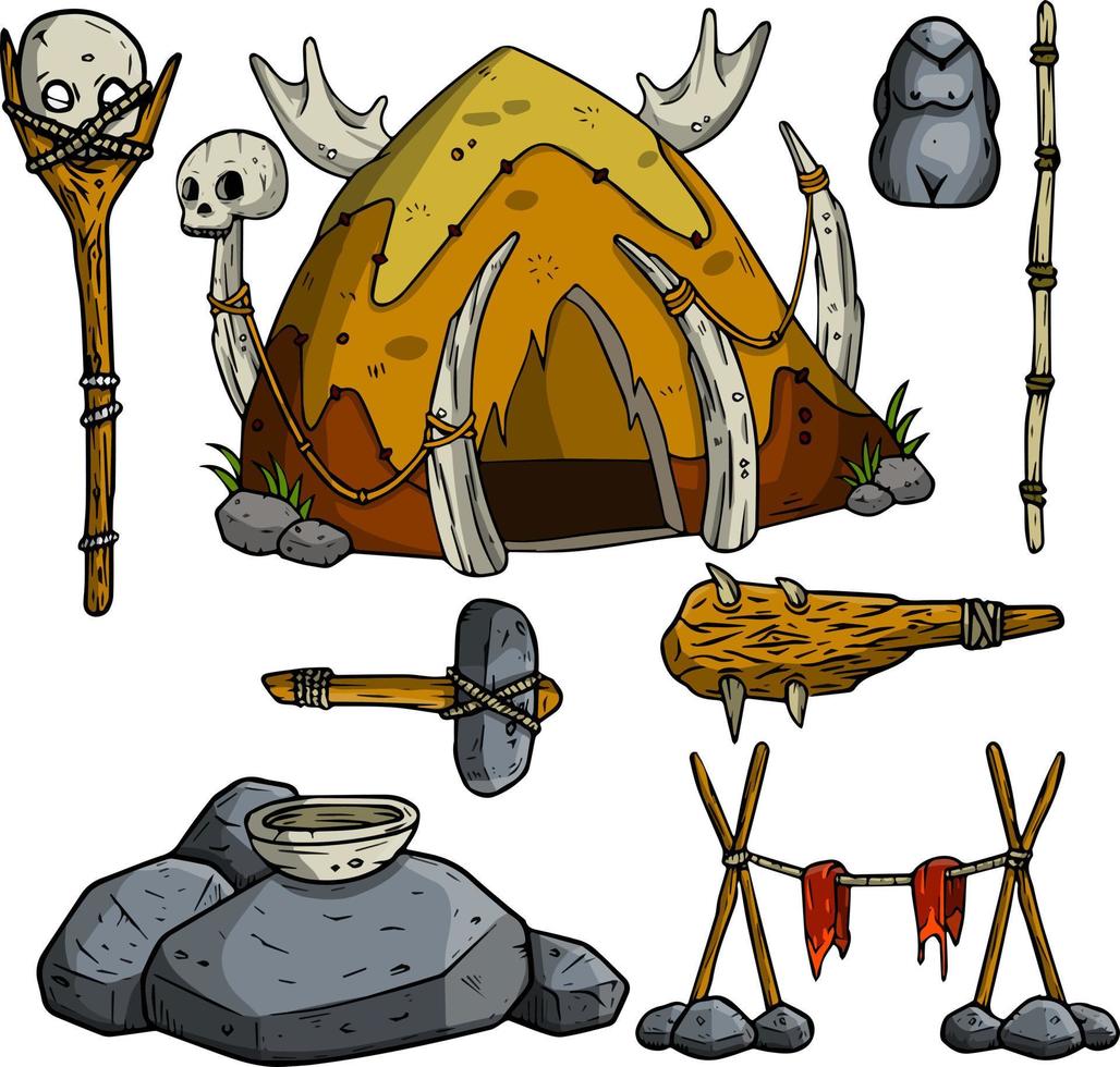 Set von Höhlenmenschen. eine Hütte aus Fellen und Knochen, eine Holzkeule, eine Fackel, der Schädel eines Tieres. die Lebensweise des Urmenschen. Cartoon-Illustration vektor