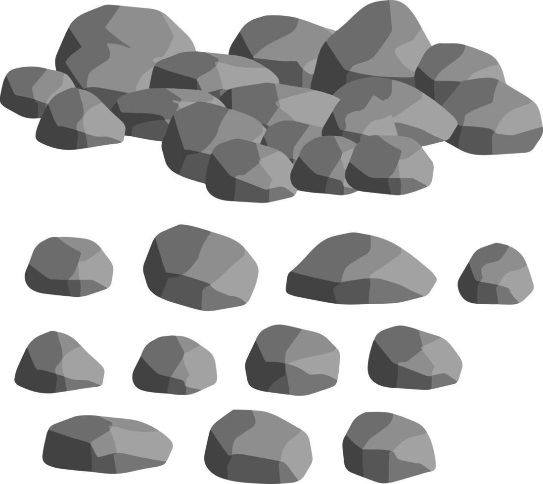 Set aus grauen Granitsteinen in verschiedenen Formen. Element der Natur, Berge, Felsen, Höhlen. Mineralien, Geröll und Kopfsteinpflaster, isoliert auf weiss vektor
