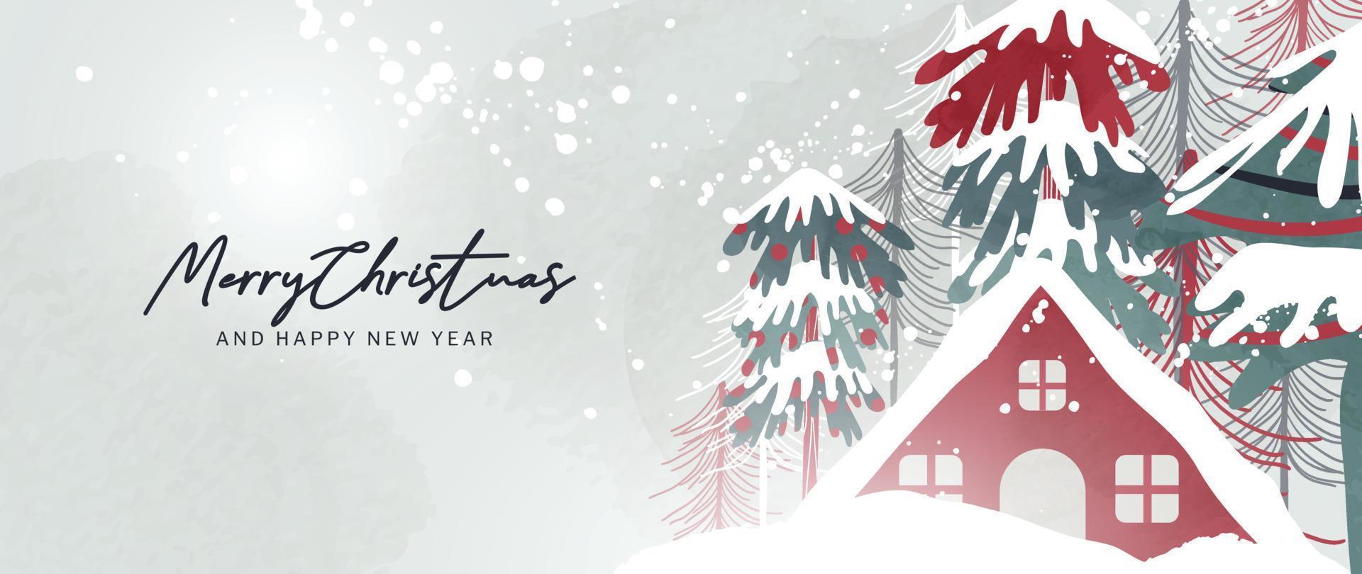 jul och Lycklig ny år bakgrund vektor illustration. hand målad dekorativ vinter- snöig landskap, snöfall, hus, tall träd. design för skriva ut, dekoration, affisch, tapet, baner.