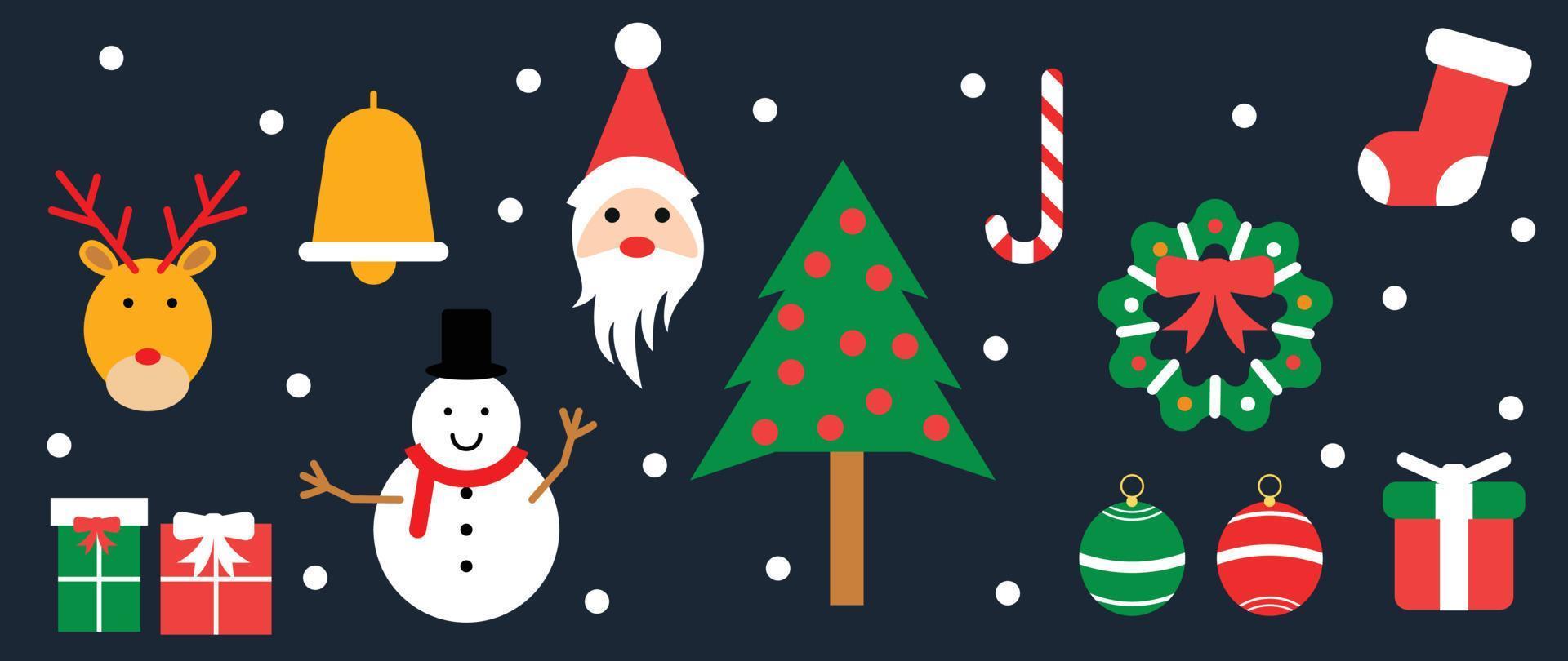 satz der lebhaften weihnachtselement-vektorillustration des winters. sammlung von weihnachtsbaum, kranz, kugel, socke, weihnachtsmann, glocke, schneemann. design für aufkleber, karte, poster, einladung, gruß. vektor