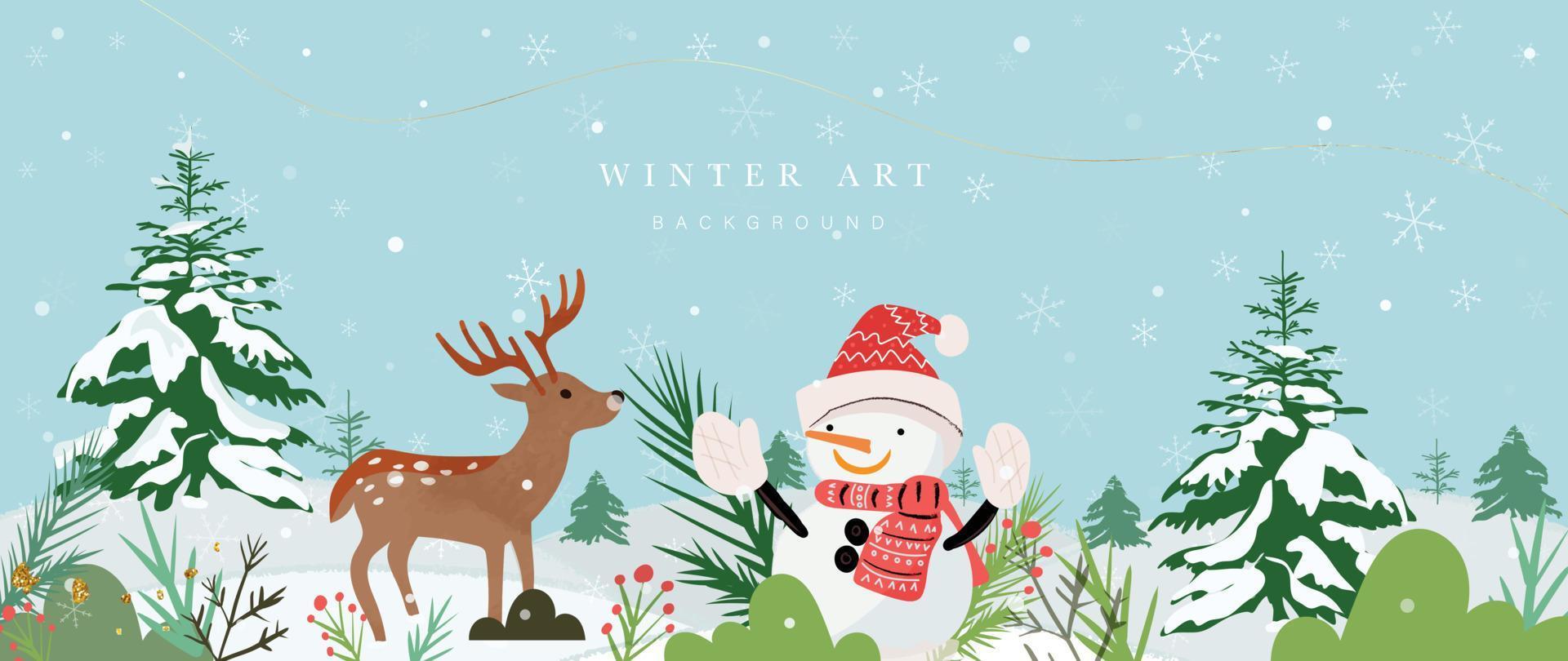 jul vinter- konst bakgrund vektor illustration. hand målad vinter- snöig landskap, tall träd, söt snögubbe, snöflingor, ren. design för skriva ut, dekoration, affisch, tapet, baner.