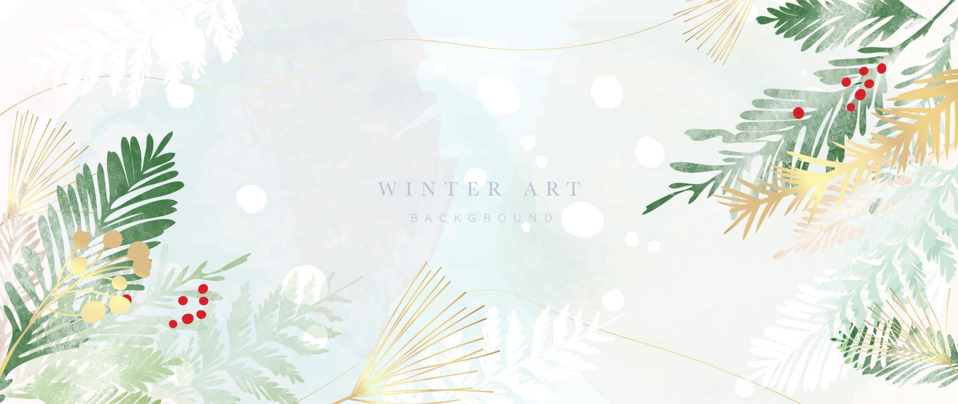 vattenfärg vinter- konst bakgrund vektor illustration. hand målad dekorativ vinter- löv, guld tall löv, bär blad gren, linje konst. design för skriva ut, dekoration, affisch, tapet, baner.