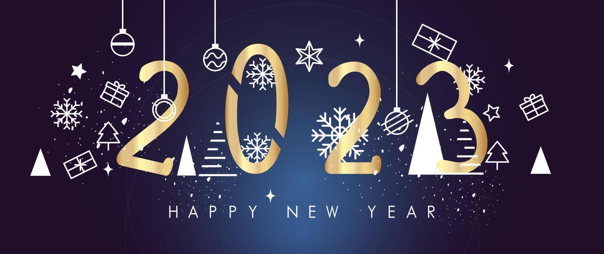 lyx Lycklig ny år 2023 begrepp bakgrund vektor. elegant guld och vit hängande struntsak boll, snöflinga, närvarande, jul träd på mörk blå bakgrund. design för tapet, kort, omslag, affisch. vektor